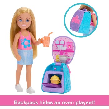 Mattel Barbie Family & Friends Cupcake Baking Backpack Blonde Chelsea Doll, Wearable Backpack With Baking Play Pieces JBF46 1947