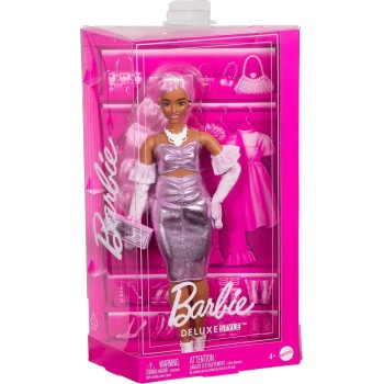 Mattel barbie deluxe  doll 1 in barbiecore outfit, pink hair and glossy pink dress HYV25 194735255979