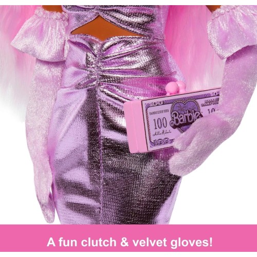 Mattel barbie deluxe  doll 1 in barbiecore outfit, pink hair and glossy pink dress HYV25 194735255979