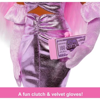 Mattel barbie deluxe  doll 1 in barbiecore outfit, pink hair and glossy pink dress HYV25 194735255979