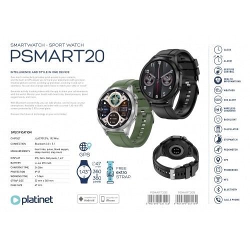 Smartwatch Platinet Bluetooth 5.1 GPS NFC 270Mah - Μαύρο PSMART20B 5907595461139