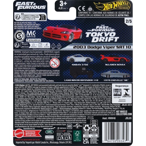 Mattel Hot Wheels Fast & Furious Jbl85 Toy Vehicle Dodge Viper Srt10 HNW46 / JBL85 194735263479
