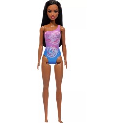 Barbie Mattel Dark Brown Hair Wearing Tropical Purple Swimsuit Doll DWJ99 / HXX49 194735241019