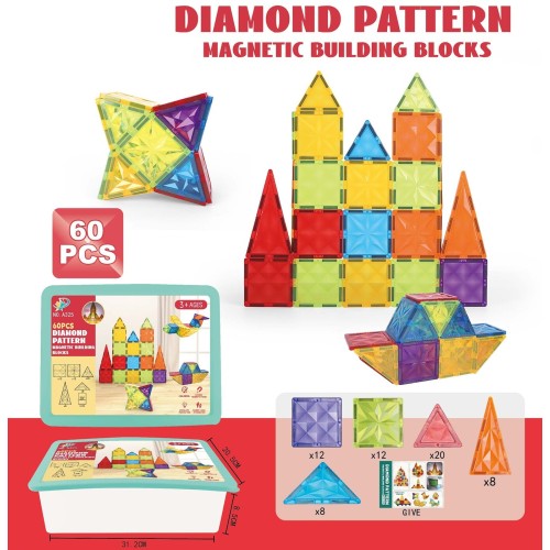 Toys-shop Choice 60 Pcs Diamond Pattern Μαγνητικά Τουβλάκια Κατασκευών JK173964 6990225739646