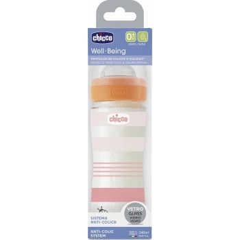 Chicco γυάλινο μπιμπερό well being κατά των κολικών με θηλή σιλικόνης ροζ 240ml για 0+ μηνών A50-28721-11 8058664166282