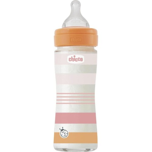 Chicco Glass Bottle Well Being Against Colic With Pink Silicone Nipple 240ml for 0+ Months A50-28721-11 8058664166282