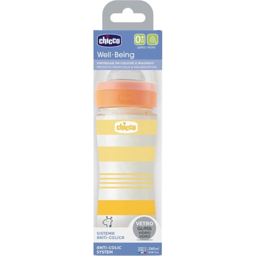 Chicco Glass Bottle Well Being Against Colic With Silicone Nipple Yellow 240ml for 0+ Months A50-28721-31 8058664166305