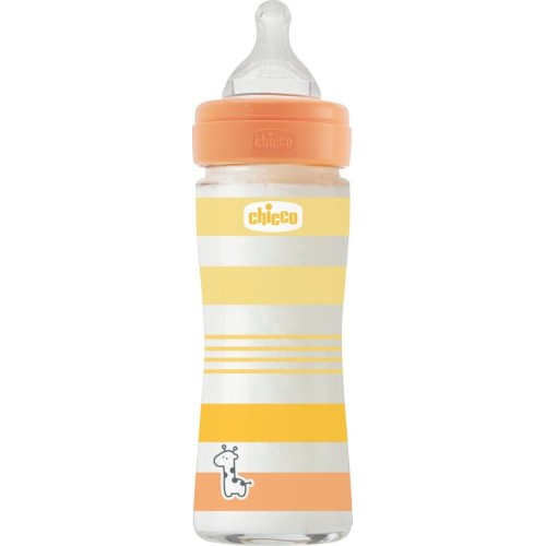 Chicco Glass Bottle Well Being Against Colic With Silicone Nipple Yellow 240ml for 0+ Months A50-28721-31 8058664166305