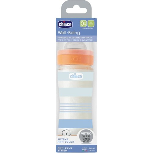 Chicco γυάλινο μπιμπερό well being κατά των κολικών με θηλή σιλικόνης μπλε 240ml για 0+ μηνών A50-28721-21 8058664166299