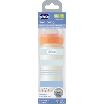 Chicco Glass Bottle Well Being Against Colic With Colic Nipple Blue 240ml for 0+ Months A50-28721-21 8058664166299