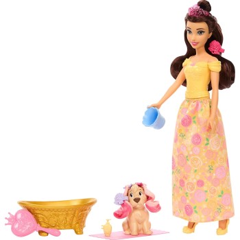 Mattel Disney Princess Bathe & Brush Belle Fashion Doll & Dog Figure With Color Change & Accessories JFC42 194735293056