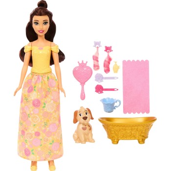 Mattel Disney Princess Bathe & Brush Belle Fashion Doll & Dog Figure With Color Change & Accessories JFC42 194735293056