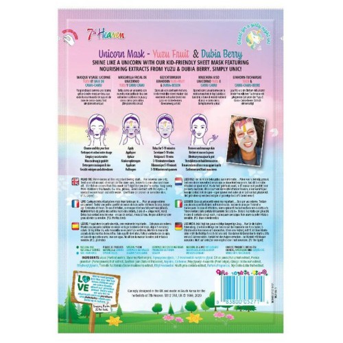 7th Heaven Unicorn Face Mask Yuzu & Dubia Berry 25Gr - Μασκά Ομορφίας Πανί Με Σχέδιο Ηλικίες 8+ Vegan 5217 083800052714