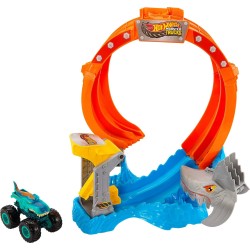 Mattel Hot Wheels Monster Trucks Corkscrew Shark Smash Track Set & 1:64 Scale Mega-wrex Toy Truck JFR08 194735303731