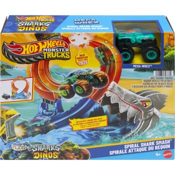 Mattel Hot Wheels Monster Trucks Corkscrew Shark Smash Track Set & 1:64 Scale Mega-wrex Toy Truck JFR08 194735303731