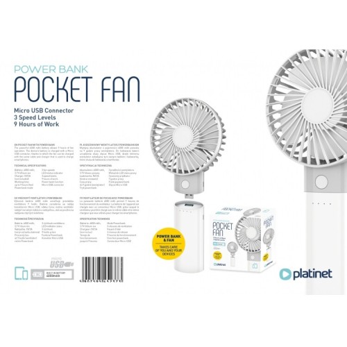 Platinet Επαναφορτιζόμενος Ανεμιστήρας Με Powerbank 4000 Mah Λευκό PRDF6107 5907595452373