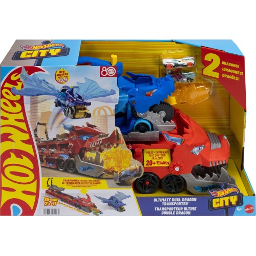 Mattel Hot Wheels City Ultimate Dual Dragon Transporter & 2 1:64 Scale Toy Cars JBM72 194735264179