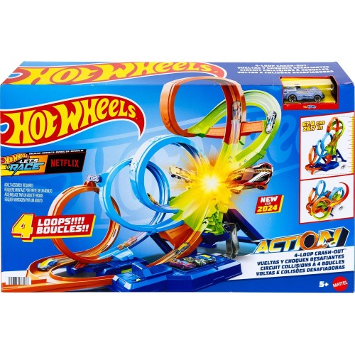 Mattel Hot Wheels Action 4-loop Crash Out Track Set With Motorized Booster & 1:64 Scale Toy Car HXR70 194735237166