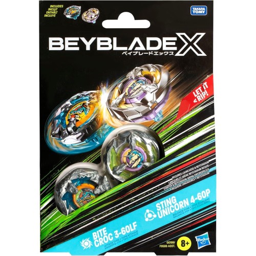 Hasbro Beyblade X Bite Croc 3-60lf and Sting Unicorn 4-60p Top Dual Pack Set, Includes 2 Right-spin Tops, Spinning Bey Toys for 