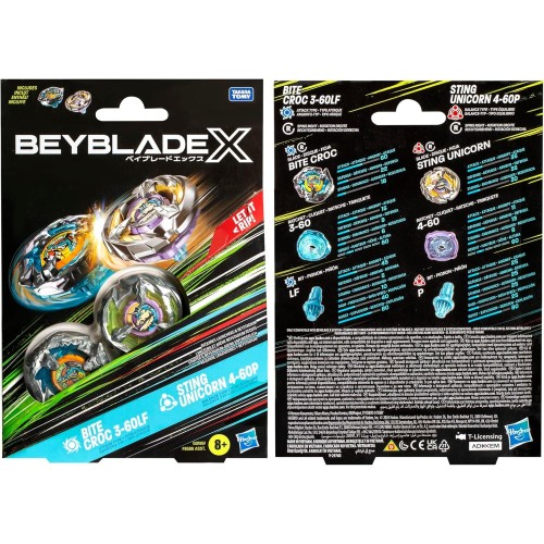 Hasbro Beyblade X Bite Croc 3-60lf and Sting Unicorn 4-60p Top Dual Pack Set, Includes 2 Right-spin Tops, Spinning Bey Toys for 