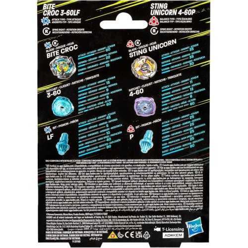 Hasbro Beyblade X Bite Croc 3-60lf and Sting Unicorn 4-60p Top Dual Pack Set, Includes 2 Right-spin Tops, Spinning Bey Toys for 