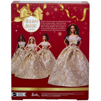 Mattel Barbie Signature 2025 Holiday Barbie Fashion Doll, Seasonal Collector, Dark Brown Hair With Silver & Gold Gown JBH97 1947