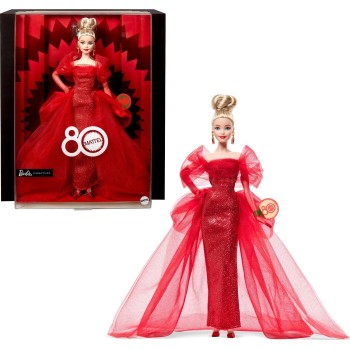 Barbie Signature Collectible Doll for Mattel 80th Anniversary, Glittery Red Tulle Gown, Blonde Hair JBJ17 194735261383