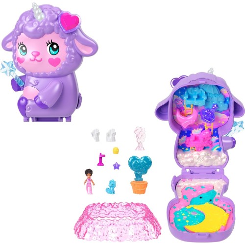 Mattel Polly Pocket Cozy Dreamland Lamb Compact Playset With 1 Micro Doll And Pet Unicorn, Travel Toy With Food & Styling Access