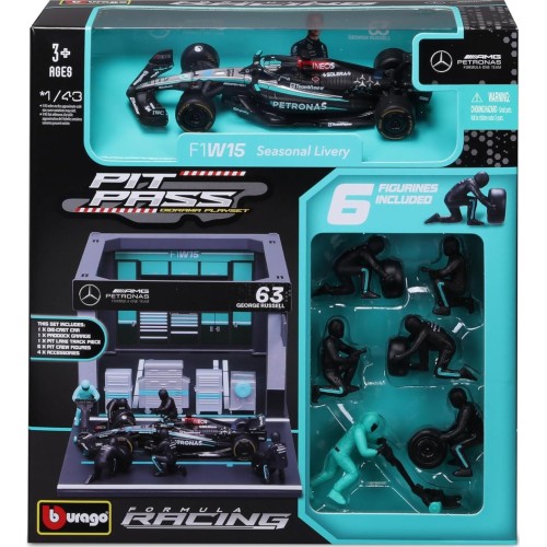 Bburago Formula 1 1:43 F1 Mercedes Amg W15 2024 Pit Pass Diorama George Russell 18/38452 (#63) 4893993018093