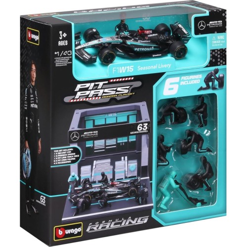 Bburago Formula 1 1:43 F1 Mercedes Amg W15 2024 Pit Pass Diorama George Russell 18/38452 (#63) 4893993018093