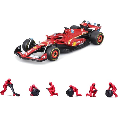 Bburago Formula 1 Pit Stop Ferrari Sf-2416 Leclerc, Playset With Diorama, 1:43 And 6 Mechanics, True To Detail, Ferrari License,