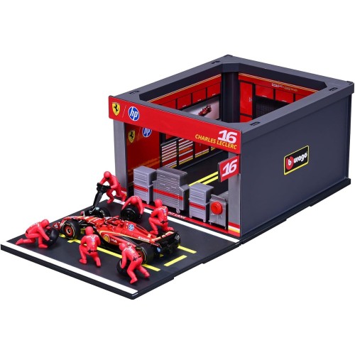 Bburago Formula 1 Pit Stop Ferrari Sf-2416 Leclerc, Playset With Diorama, 1:43 And 6 Mechanics, True To Detail, Ferrari License,
