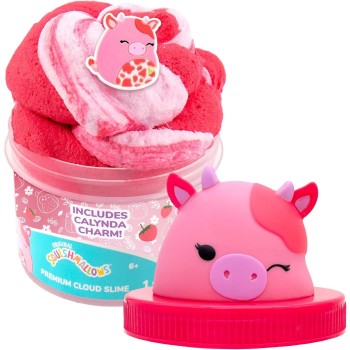 Horizon Group USA Original Squishmallows Calynda The Cow Premium Cloud Slime, Strawberry Scent, 8 oz. Jar Storage Container With