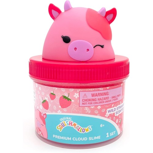 Horizon Group USA Original Squishmallows Calynda The Cow Premium Cloud Slime, Strawberry Scent, 8 oz. Jar Storage Container With