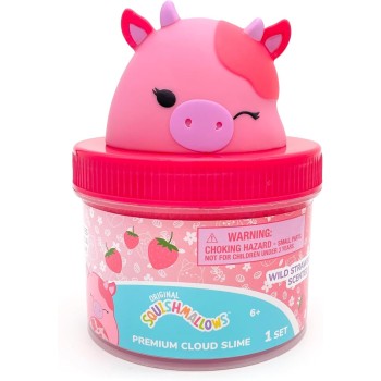 Horizon Group USA Original Squishmallows Calynda The Cow Premium Cloud Slime, Strawberry Scent, 8 oz. Jar Storage Container With