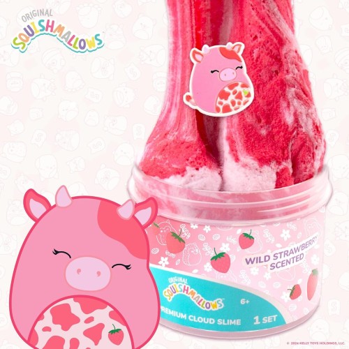 Horizon Group USA Original Squishmallows Calynda The Cow Premium Cloud Slime, Strawberry Scent, 8 oz. Jar Storage Container With