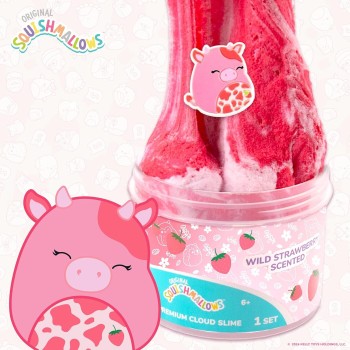 Horizon Group USA Original Squishmallows Calynda The Cow Premium Cloud Slime, Strawberry Scent, 8 oz. Jar Storage Container With