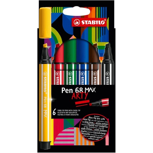 Stabilo - Premium Felt-Tip Pen With Thick Chisel Tip - Pen 68 MAX - Arty - Pack Of 6 - 6 68 Max 4006381590006