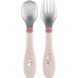 Chicco βρεφικό σετ πιρούνι - κουτάλι μεταλλικό ροζ για 18+ μηνών F05-16102-15 8058664179411
