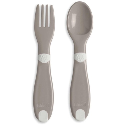 Chicco First Baby Cutlery, Neutral, Fork And Spoon, Small, Lightweight, Ready To Handle, Non-Slip Surface, 12M+, 2 Pieces, 0% Bp