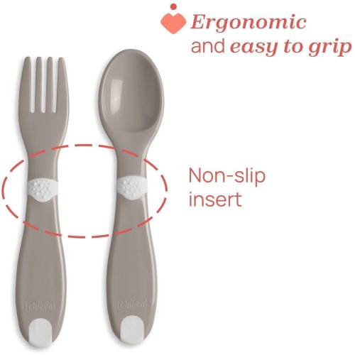 Chicco First Baby Cutlery, Neutral, Fork And Spoon, Small, Lightweight, Ready To Handle, Non-Slip Surface, 12M+, 2 Pieces, 0% Bp