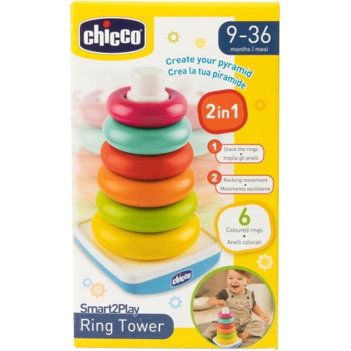 Chicco baby stacking ring and ring pyramid, stacking tower, game with swinging base and 6 stackable rings, children's toys, baby