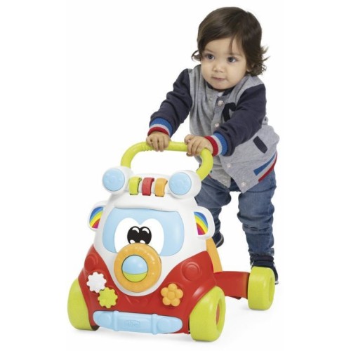 Chicco Happy Hippy 2-in-1 toddler game with manual activity center, colorful toddler bus with 4 large wheels, learning toy for b