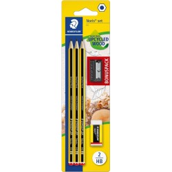 Staedtler pencils Noris, HB, hexagonal, set of 3 incredibly break-resistant pencils, 1 sharpener, 1 eraser, high quality made in