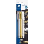 Staedtler metallic pen with round fiber tip, line width 1-2 mm, opaque on light and dark paper, easy to wipe off smooth surfaces