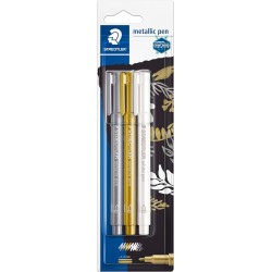 Staedtler metallic pen with round fiber tip, line width 1-2 mm, opaque on light and dark paper, easy to wipe off smooth surfaces