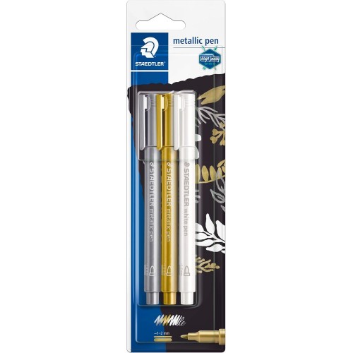 Staedtler metallic pen with round fiber tip, line width 1-2 mm, opaque on light and dark paper, easy to wipe off smooth surfaces