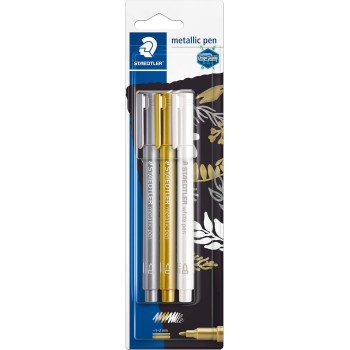 Staedtler metallic pen with round fiber tip, line width 1-2 mm, opaque on light and dark paper, easy to wipe off smooth surfaces