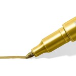 Staedtler metallic pen with round fiber tip, line width 1-2 mm, opaque on light and dark paper, easy to wipe off smooth surfaces