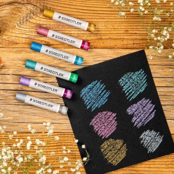 Staedtler Metallic Oil Pastels Design Journey, Shiny Color Effects on Light and Dark Paper, Waterproof, 11 mm Diameter, 6 Oil Pa
